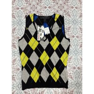 Express Design Studio Merino Wool Argyle Sweater Vest XS Black Blue Yellow